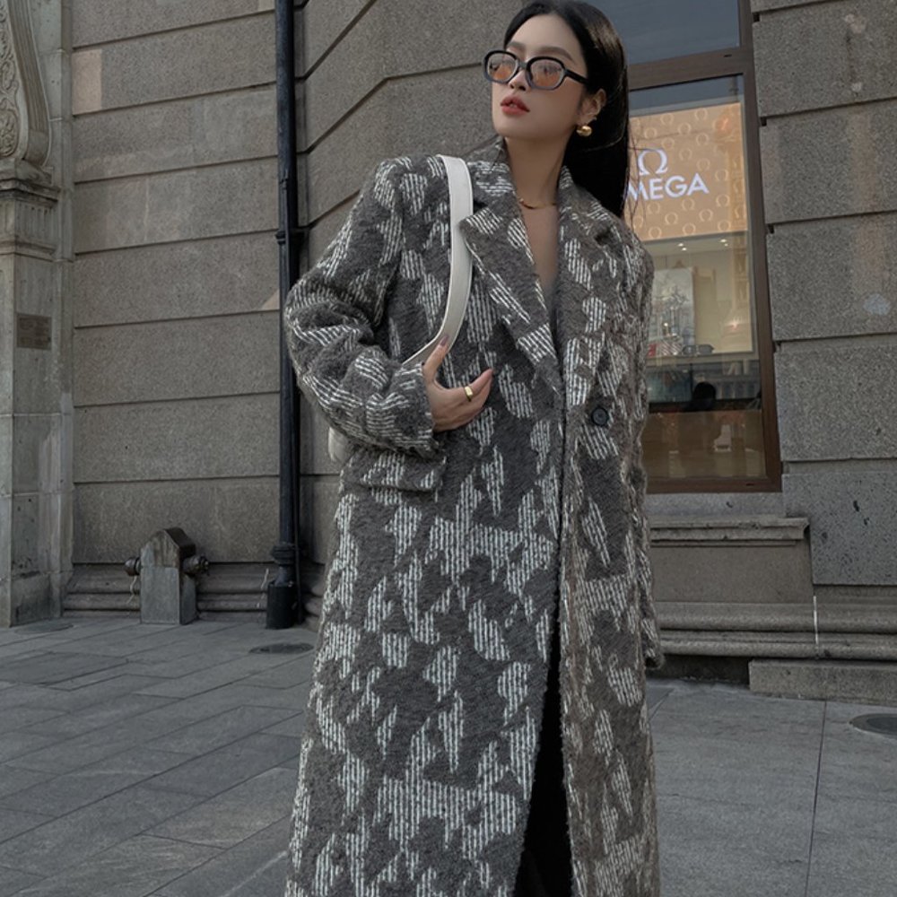 Women woolen printed pattern long retro woolen oversize coat gray size Medium